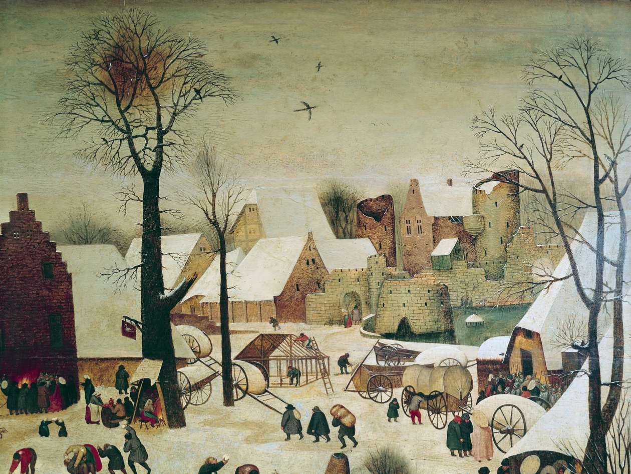 A betlehemi népszámlálás, részlet a házakról és az erődítményekről alkotó: Pieter Brueghel the Younger