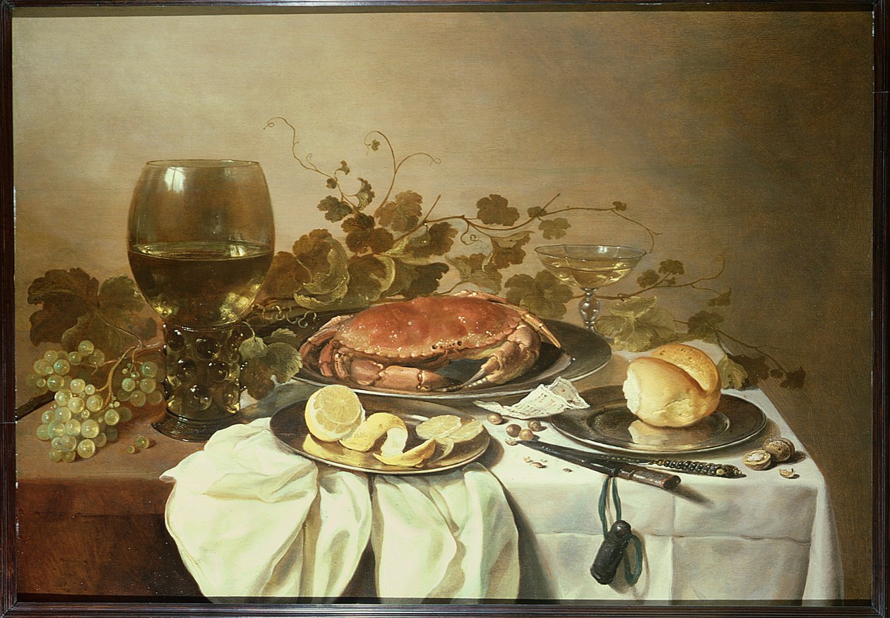 Reggeli csendélet roemerrel és egy rákkal alkotó: Pieter Claesz