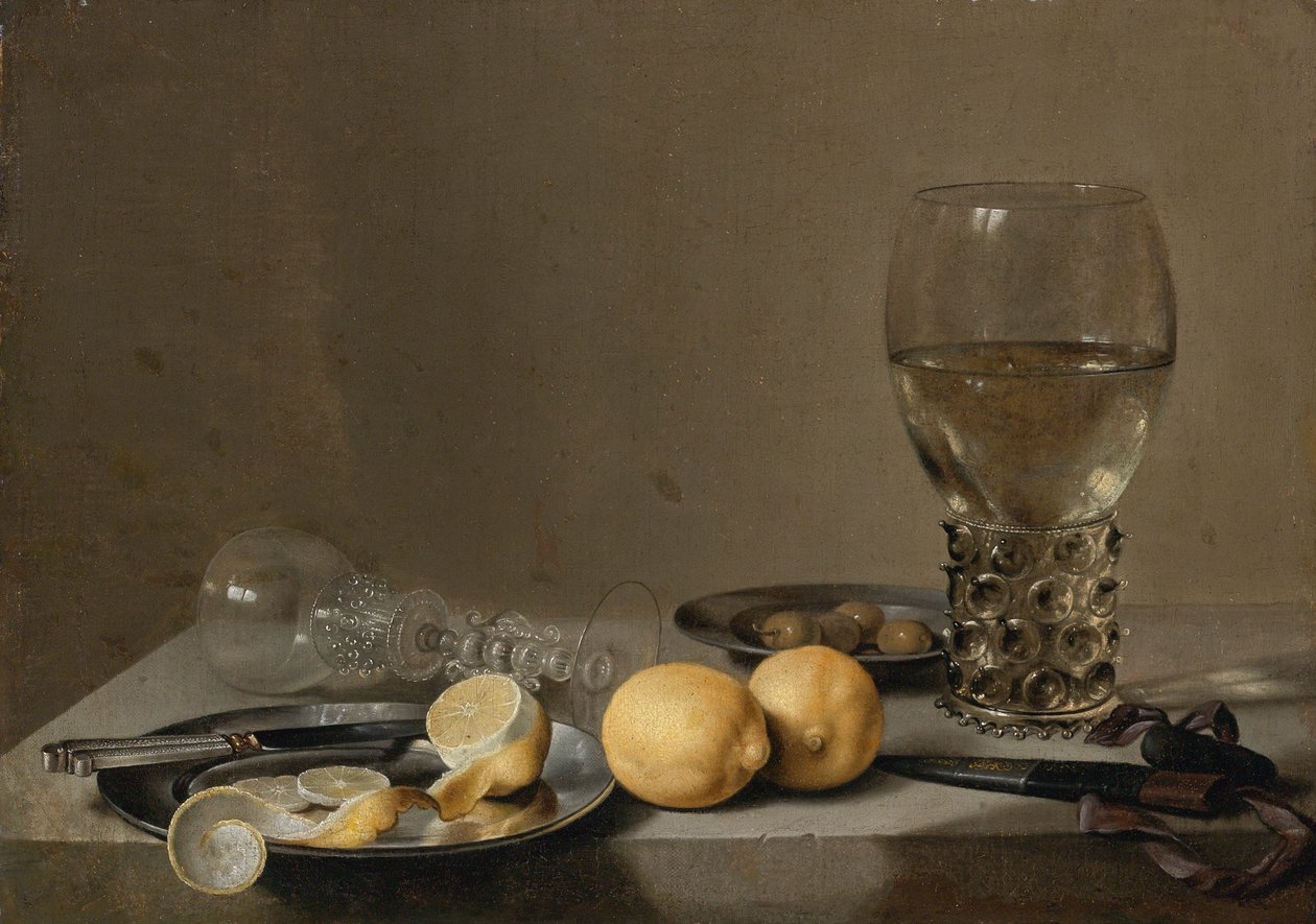 Csendélet két citrommal, egy velencei pohárral, Roemerrel, késsel és olajbogyóval az asztalon alkotó: Pieter Claesz