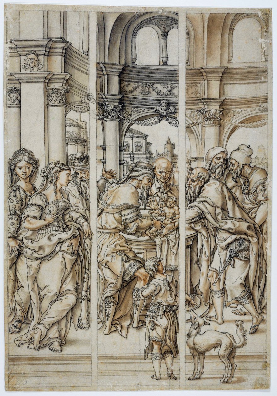 Krisztus körülmetélése, ólomüveg ablak tervezése alkotó: Pieter Coecke van Aelst