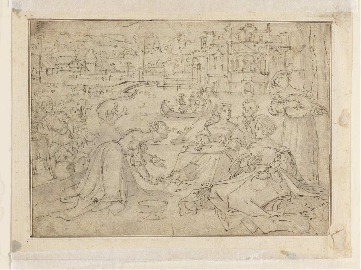 Recto: Április hónap (figurák egy kastély melletti parkban) alkotó: Pieter Coecke van Aelst