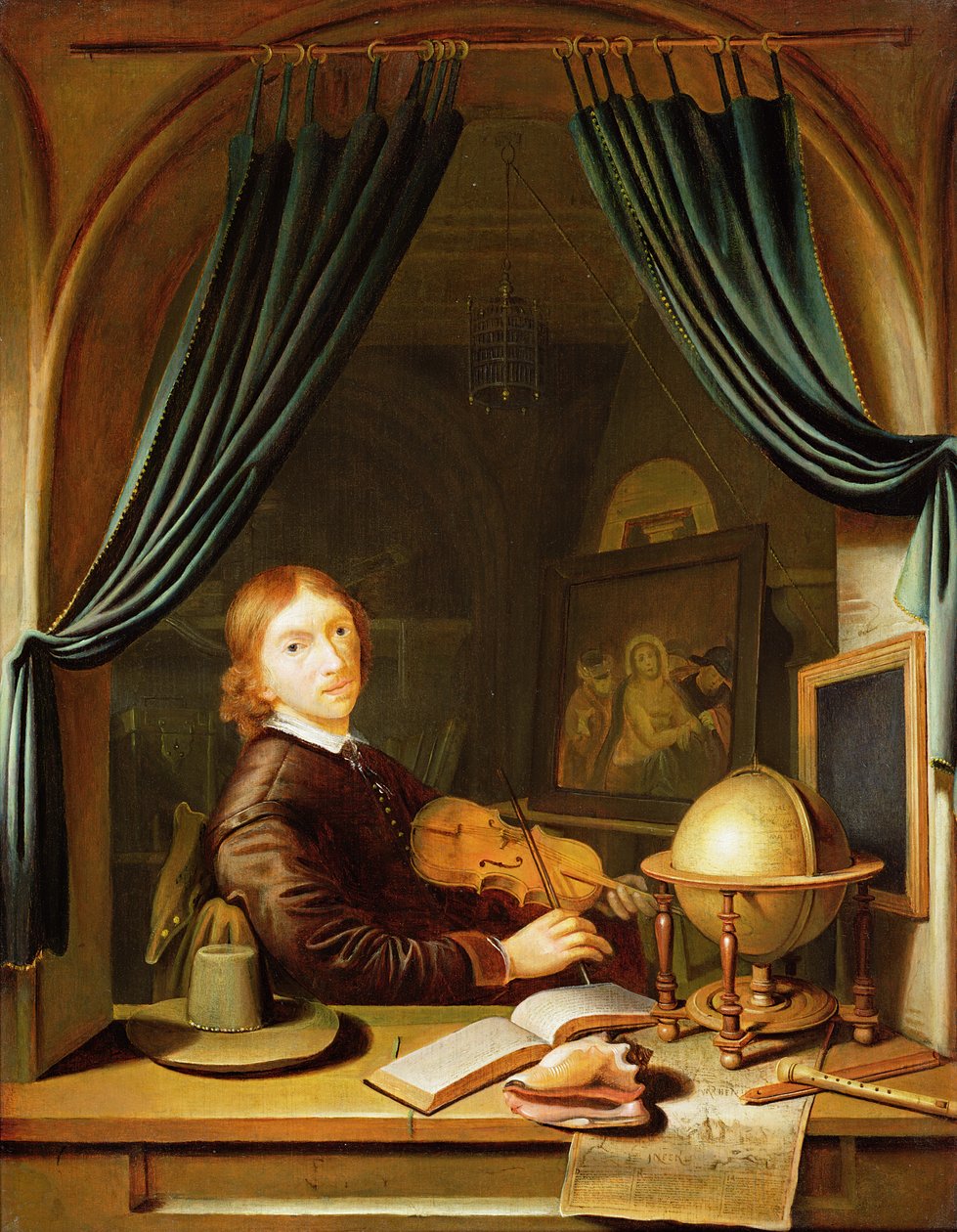 Egy zenész, aki hegedűzik egy terített tok mellett alkotó: Pieter Cornelisz van Egmont
