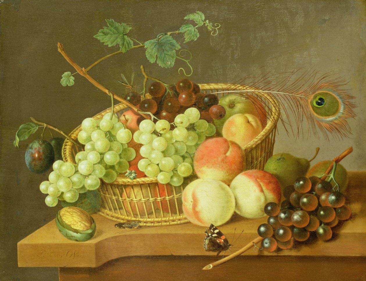 Szőlő és őszibarack csendélet egy kosárban alkotó: Pieter Gerardus van Os