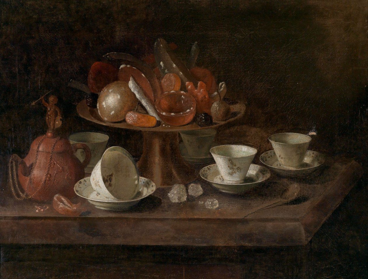 Csendélet csokoládépoharakkal és tazza édességekkel alkotó: Pieter Gerritsz. van Roestraten