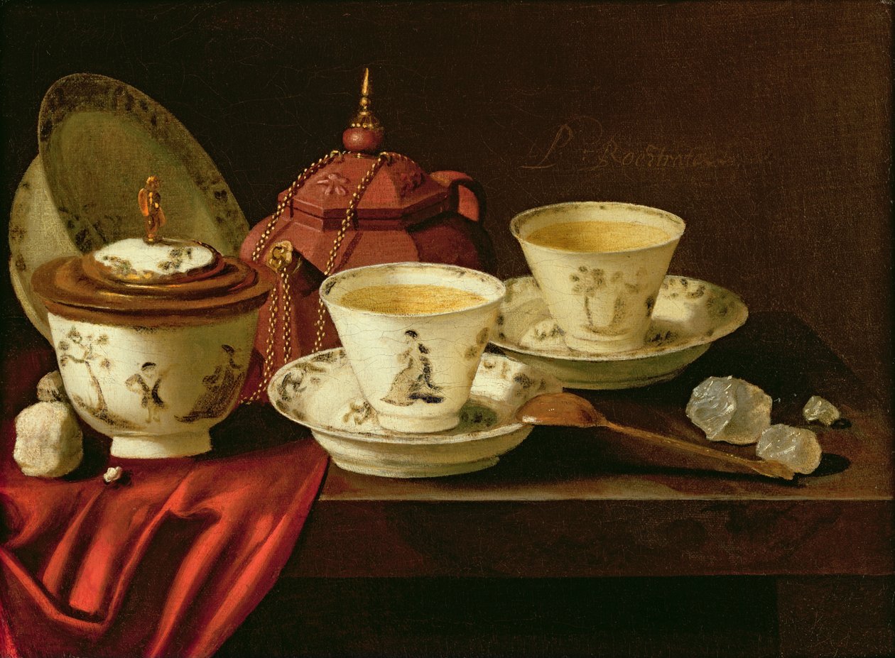 Egy Yixing teáskanna és egy kínai porcelán Tete-a-Tete egy részben terített párkányon alkotó: Pieter Gerritsz. van Roestraten