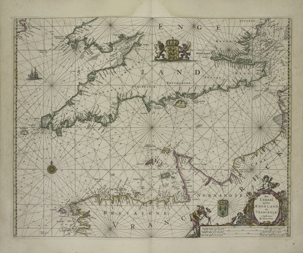 Csatorna antik térképe, 1666 (színes metszet) alkotó: Pieter Goos