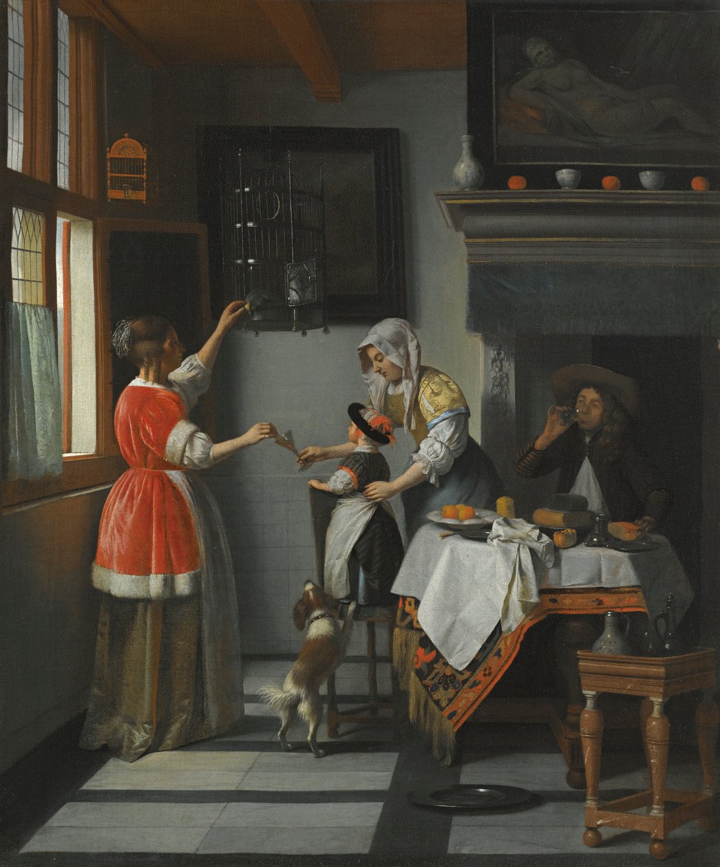 Belső egy papagájt etető gyermekkel alkotó: Pieter de Hooch