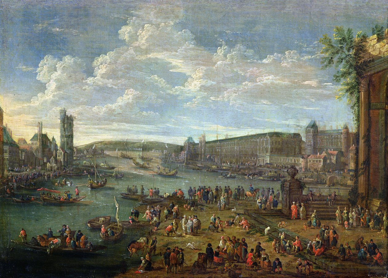 A Louvre és a Tour de Nesles látképe az Ile de la Cite-ról, 1673-74 körül. alkotó: Pieter II Casteels
