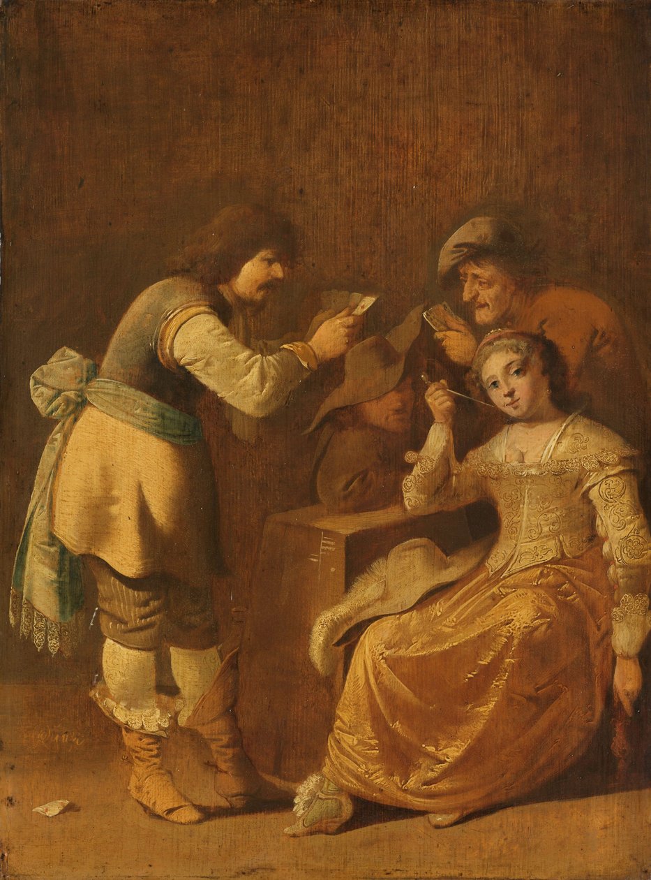 Kártyajátékosok pipázó nővel, 1630-47 alkotó: Pieter Jansz. Quast