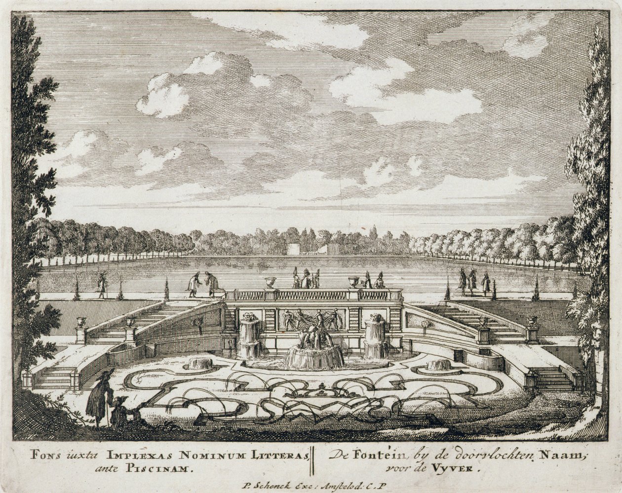 Szökőkút és vízsugarak egy holland hivatalos kertben, Jan van Call (1656-1703) „Admirandorum Quadruplex Spectaculum” című művéből, 1715 előtt megjelent alkotó: Pieter Schenk