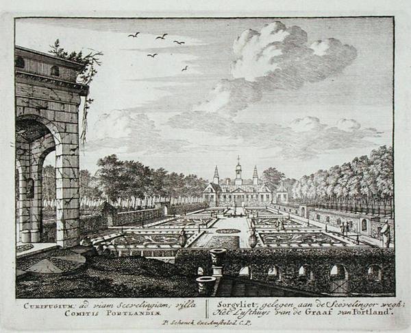 A ház és kert Sorgvliet-ben, Hans Willem Bentinck (1649-1709), Portland 1. grófjának székhelye, az Admirandorum Quadruplex Spectaculumból, Jan van Call (1656-1703), 1715 előtt megjelent (engravi) alkotó: Pieter Schenk