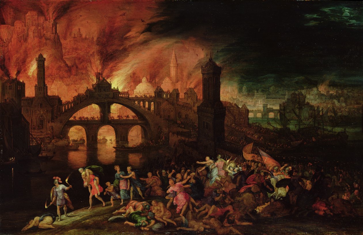 Trója pusztulása, 1606 (olaj, réz) alkotó: Pieter Schoubroeck