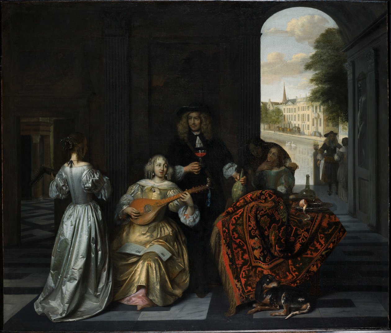 Zenei társaság egy előkelő belső térben alkotó: Pieter de Hooch