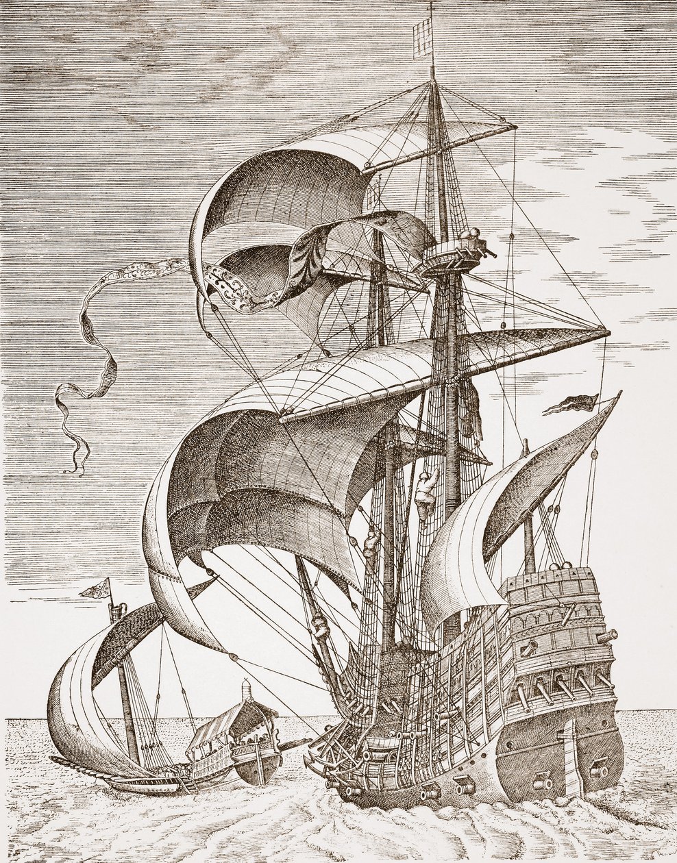 Fegyveres hárommester a nyílt tengeren, egy gálya kíséretében a "The Sailing Vessels"-ből, Frans Huys (1522-1562) metszet, Hieronymus Cock, Antwerpen, 1560-65 körül alkotó: Pieter Bruegel the Elder