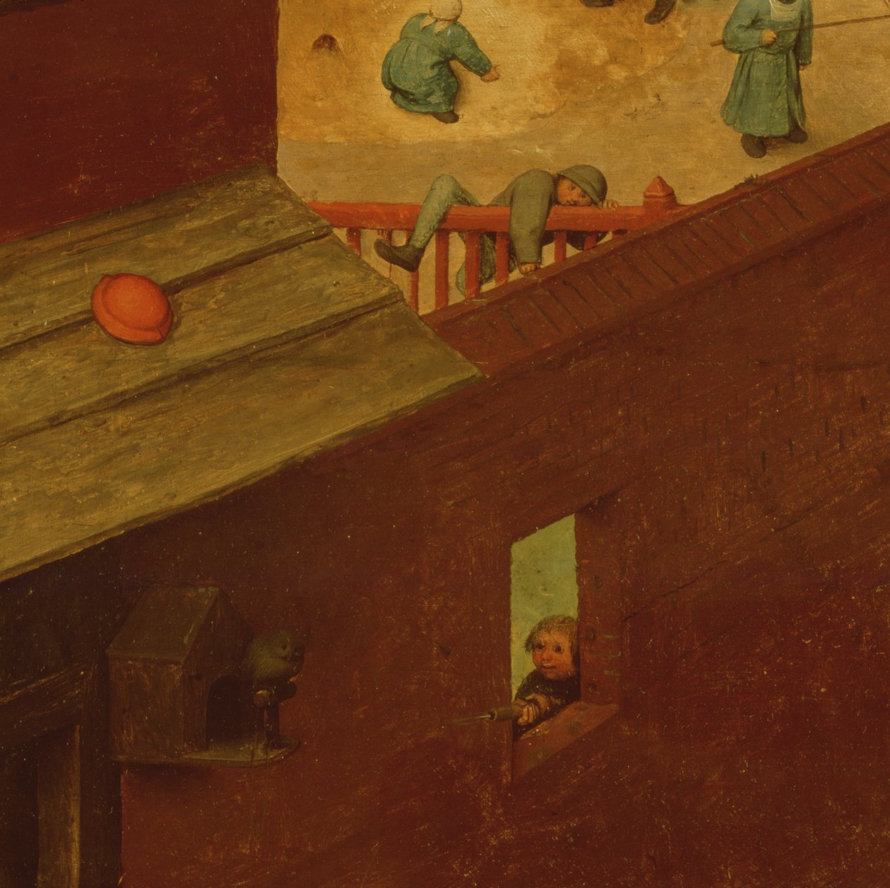 Gyermekjátékok, a bal oldali rész részlete, amelyen egy gyermek átmászik a kerítésen, és egy másik lövöldözős egy madárra, 1560 alkotó: Pieter Bruegel the Elder