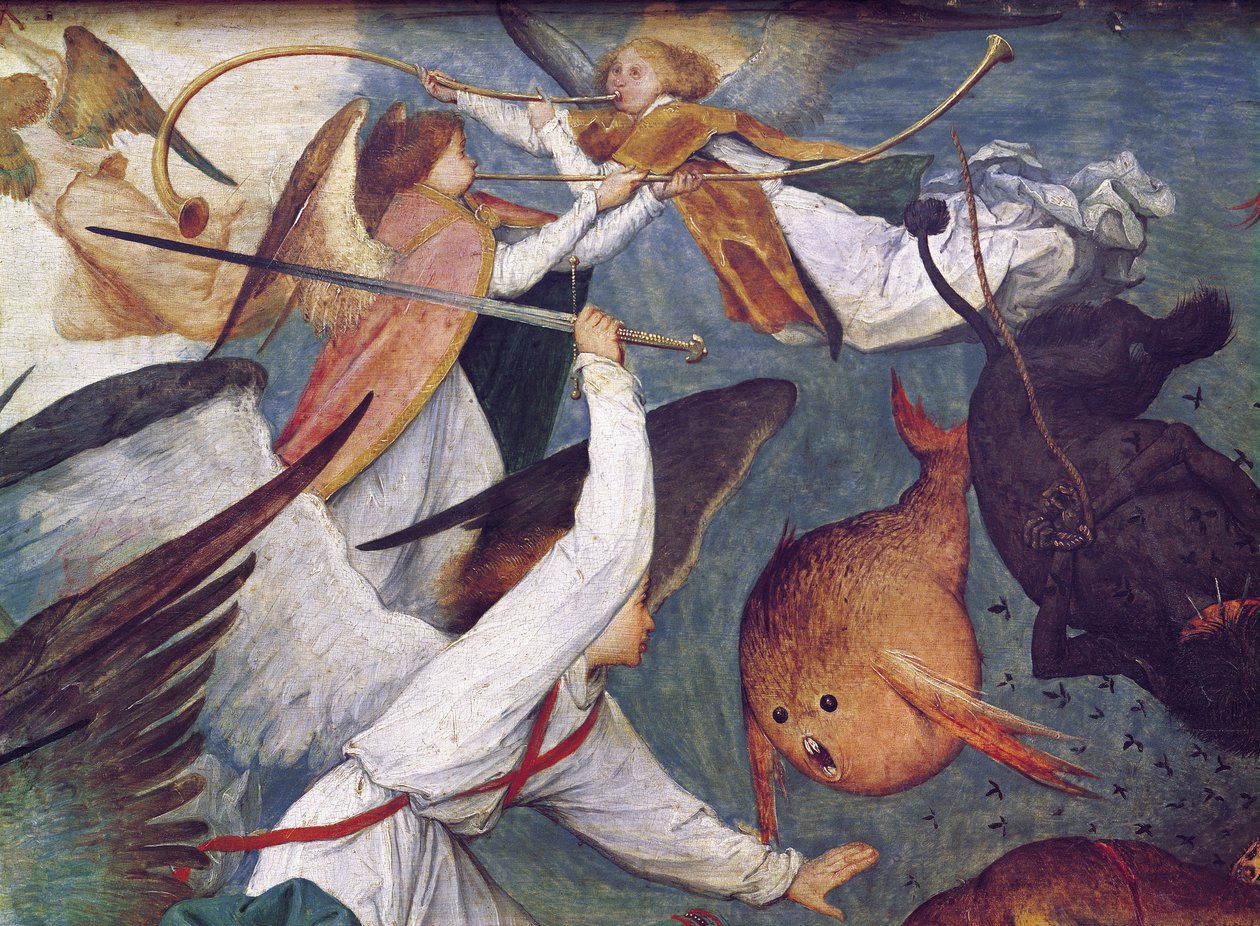 A lázadó angyalok bukása, részlet harcoló és zenélő angyalokról, olaj a panelen alkotó: Pieter Bruegel the Elder