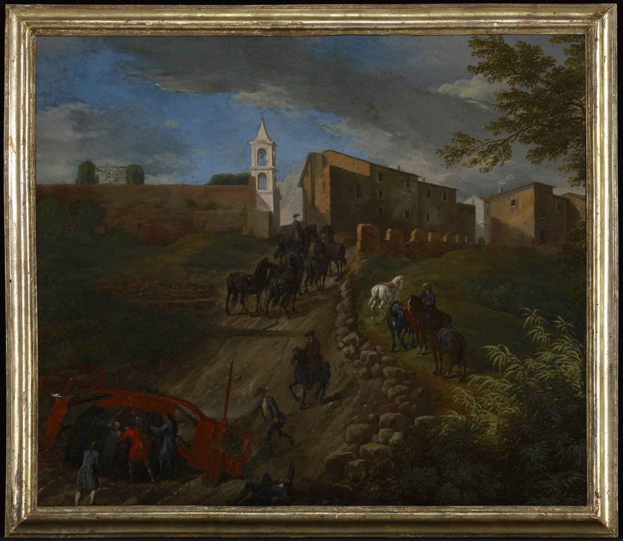 Edző és utazók a Madonna del Riposo közelében, Róma közelében alkotó: Pieter van Bloemen