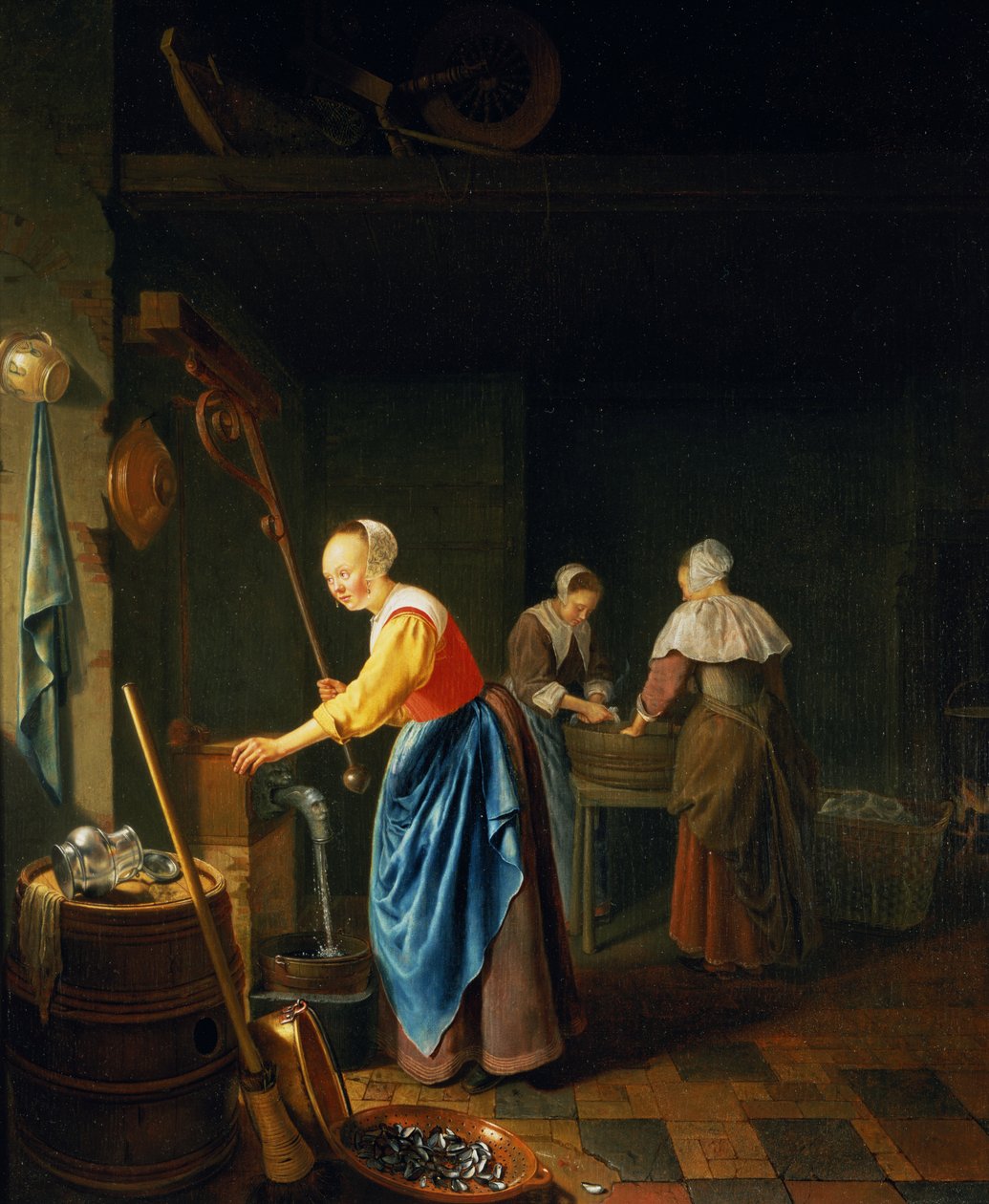 Konyhai jelenet, ahol egy szobalány vizet merít a kútból alkotó: Pieter Cornelisz van Slingelandt