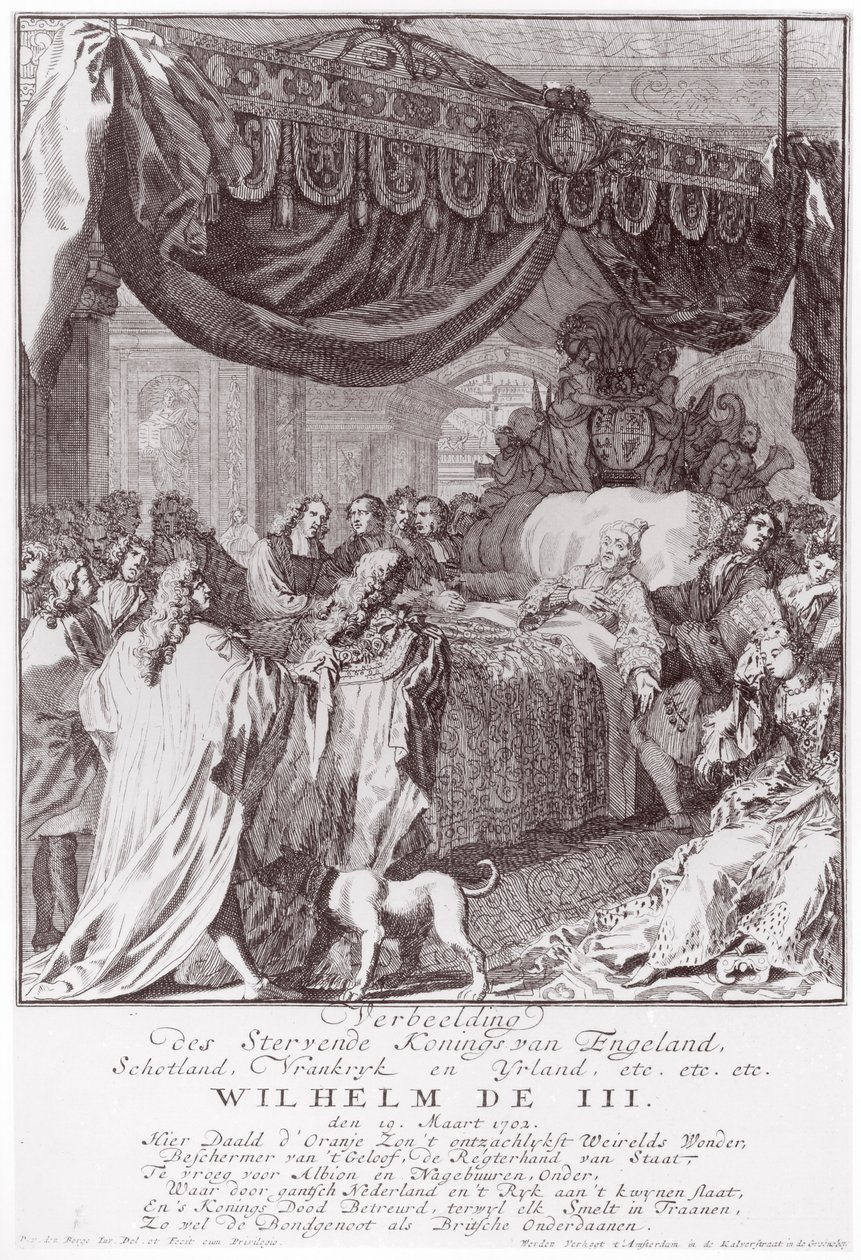 III. Vilmos (1650-1702) a halálos ágyán, a művész által metszett alkotó: Pieter van den Berge