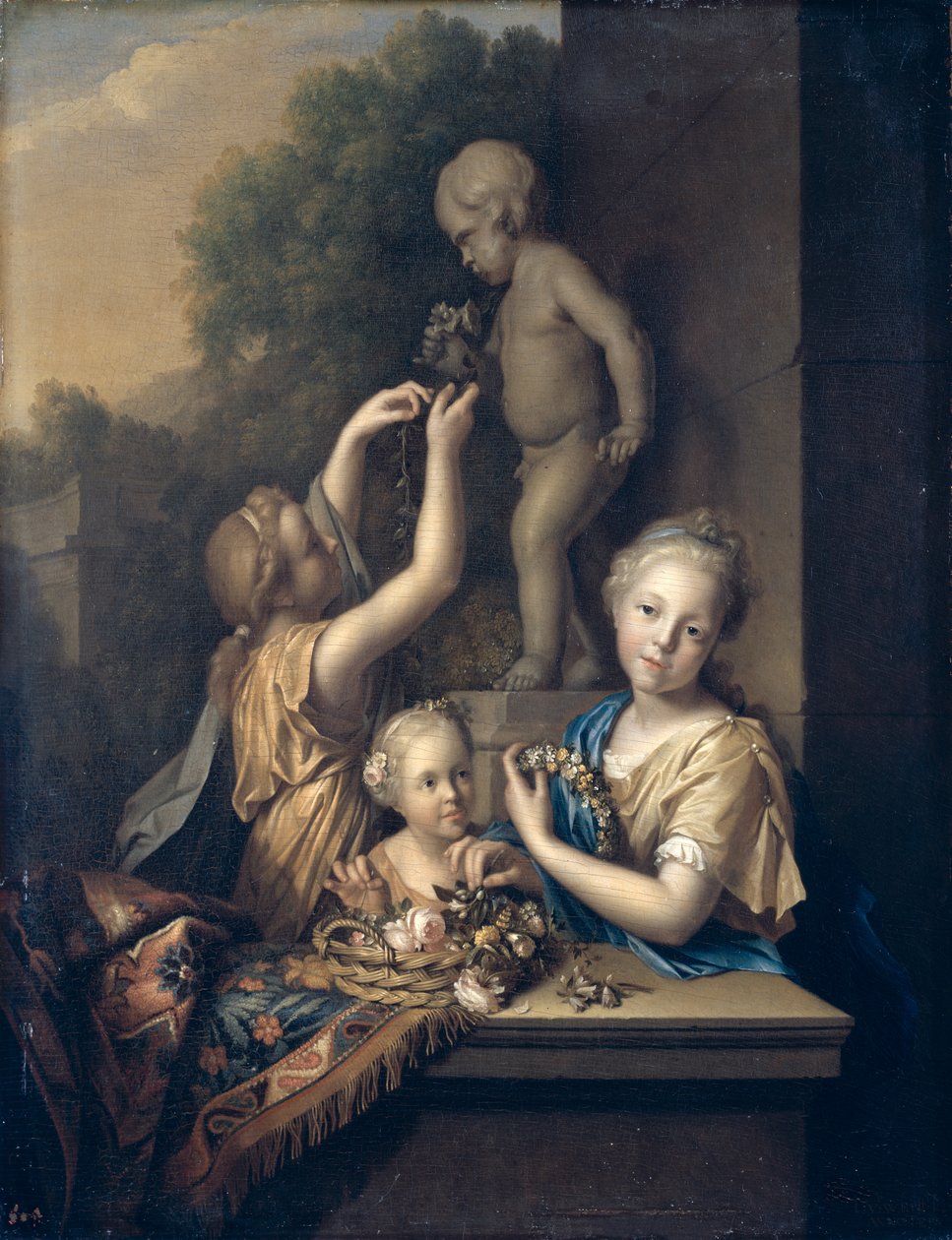 Három lány virágot áldoz Ámornak, 1710 alkotó: Pieter van der Werff