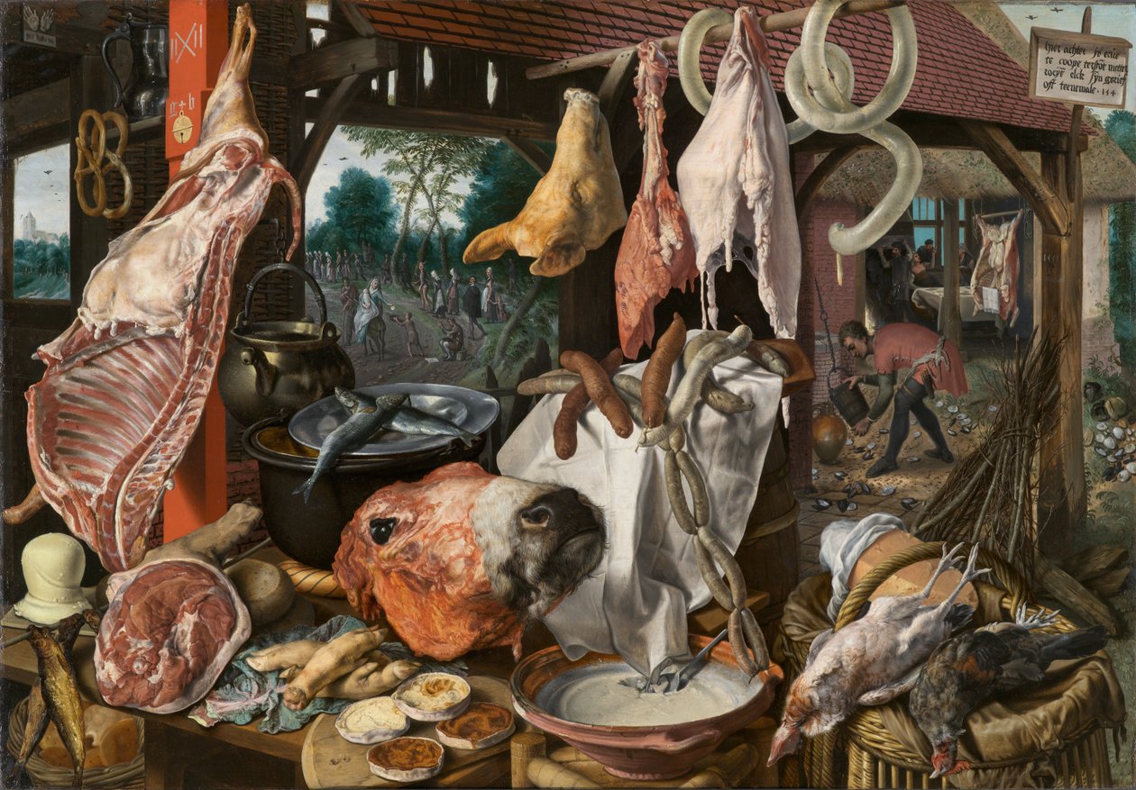 Egy húsbódé alamizsnát adva a Szent Családdal alkotó: Pieter Aertsen