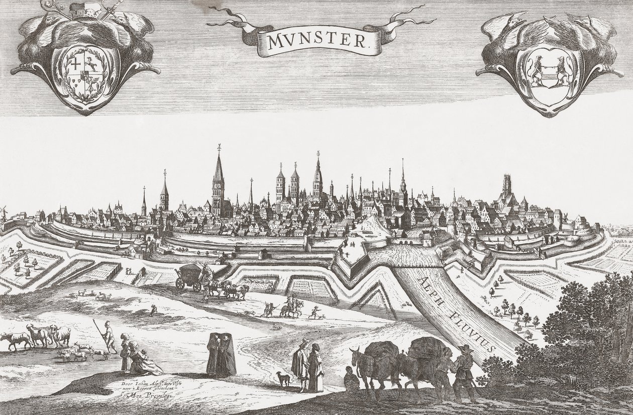 Münsteri panoráma, Németország (nyomtatás) alkotó: Pieter (after) Nolpe