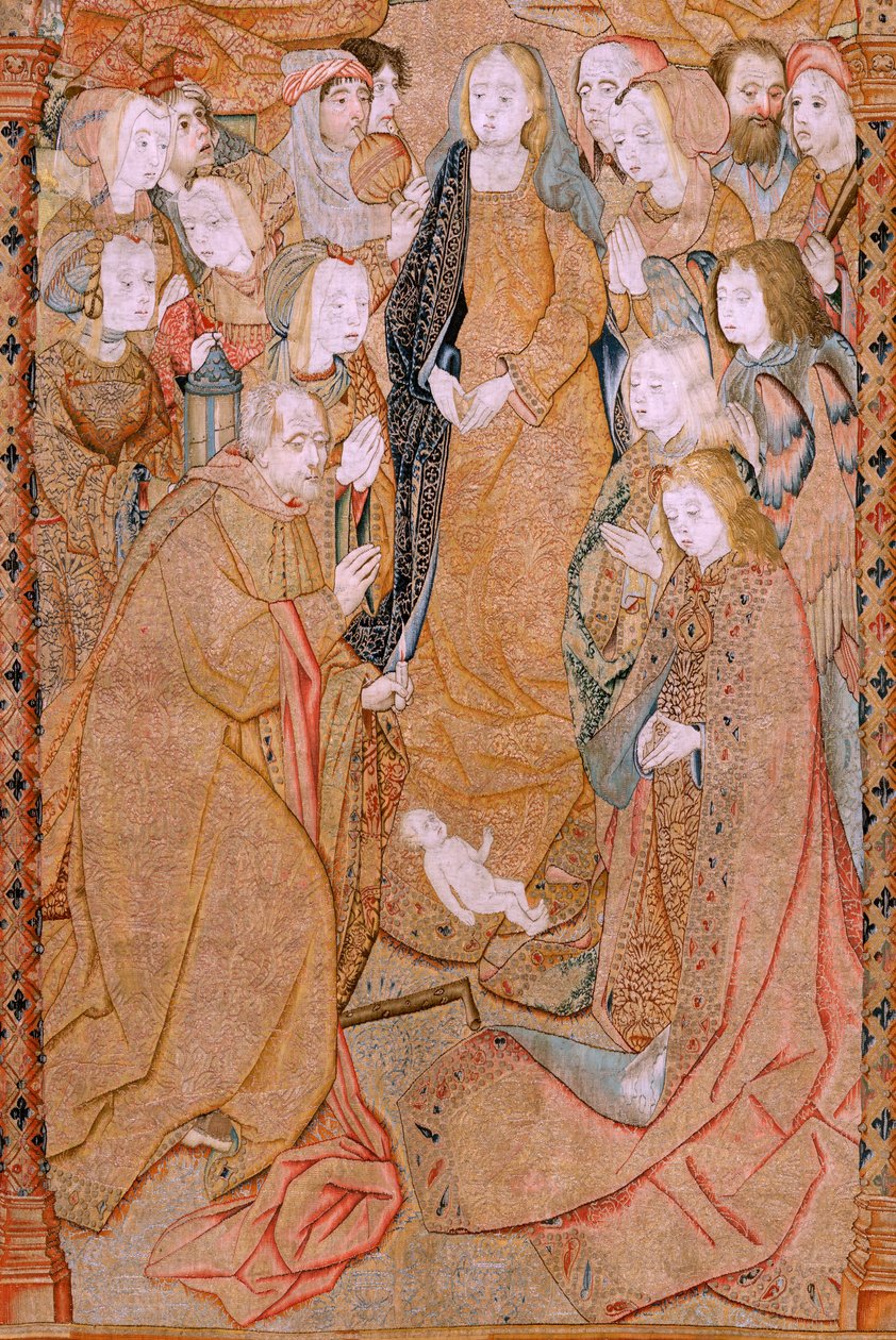 Flamand kárpit. Az anya diadalai vagy a Paños de Oro sorozat. Krisztus születése (Nacimiento de Cristo). Harmadik kárpit a sorozatban. Colin de Cooter modell (?). Gyártás Pieter van Aelst (vagy van Edingen), Brüsszel. Körülbelül 1500-1502. Szövet Arany, ez alkotó: Pieter (attr. to) Coecke van Aelst