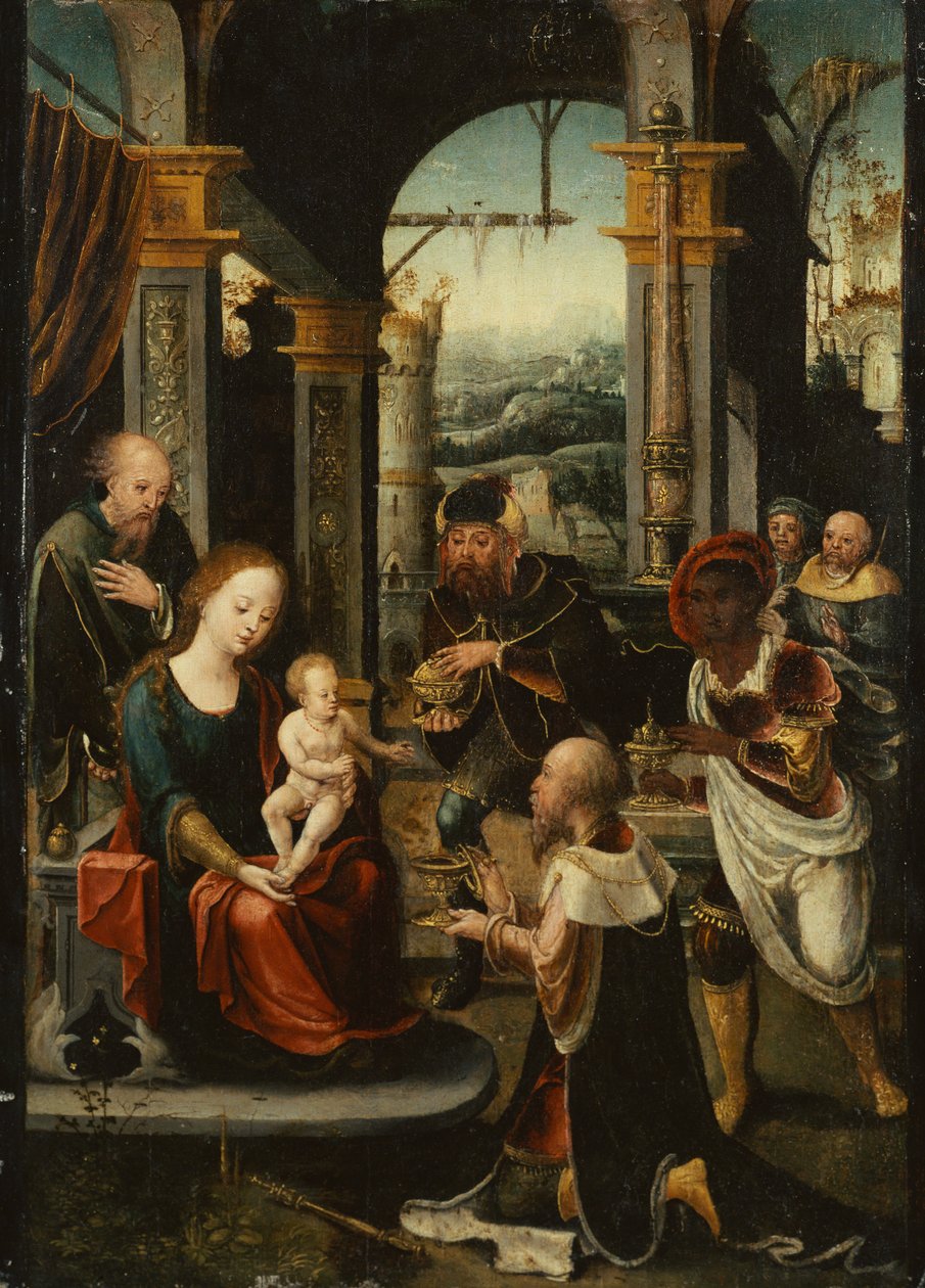 A királyok imádása (olaj a panelen) alkotó: Pieter (attr. to) Coecke van Aelst