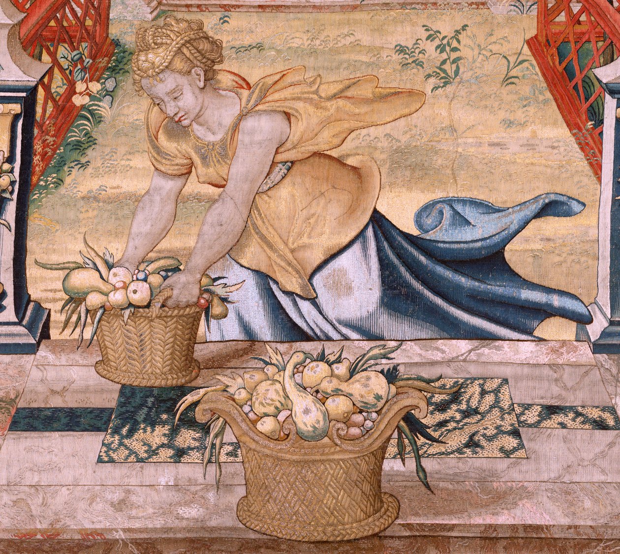 Flamand kárpit. Sorozatok Vertumnus és Pomona.Vertumnus átalakult gazdálkodóvá. Az alsó határ középső részén láthatunk egy epizódot Jupiter szerelmeiről: Danaë. A sorozat második kárpitja. Pieter Coecke van Aelst modellköre. Gyártás Wil alkotó: Pieter (circle of) Coecke van Aelst