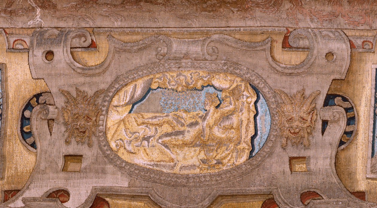Flamand kárpit. Sorozatok Vertumnus és Pomona.Vertumnus átalakult gazdálkodóvá. Az alsó határ középső részén láthatunk egy epizódot Jupiter szerelmeiről: Danaë. A sorozat második kárpitja. Pieter Coecke van Aelst modellköre. Gyártás Wil alkotó: Pieter (circle of) Coecke van Aelst