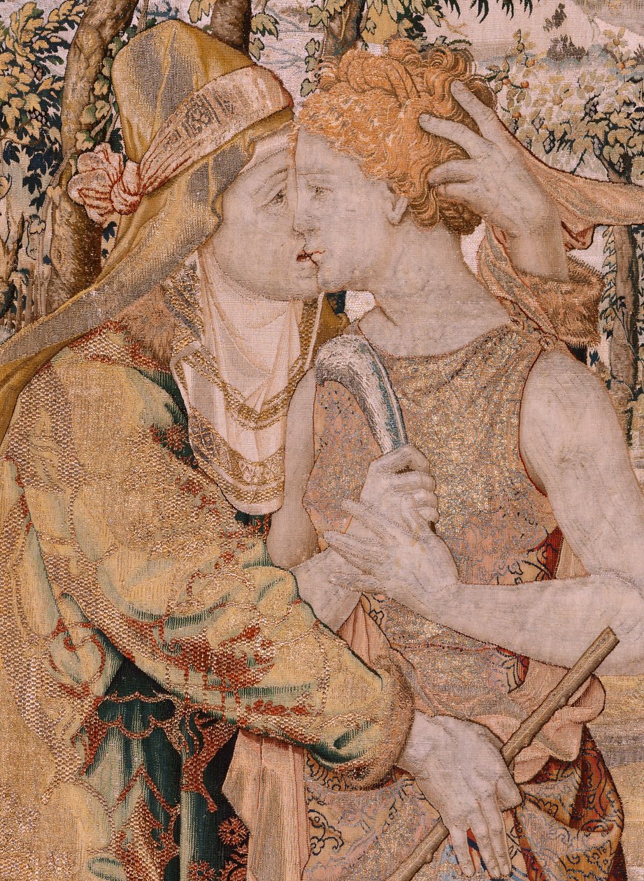 Flamand kárpit. Vertumnus és Pomona sorozat. Vertumnus megcsókolja Pomonát. A sorozat hetedik kárpitja. Pieter Coecke van Aelst modellköre. Gyártás Wilhelm Pannemaker, Brüsszel. 1545-1550 körül. Szövet Arany, ezüst, selyem és gyapjú. Mérete 430 x 365 cm. alkotó: Pieter (circle of) Coecke van Aelst