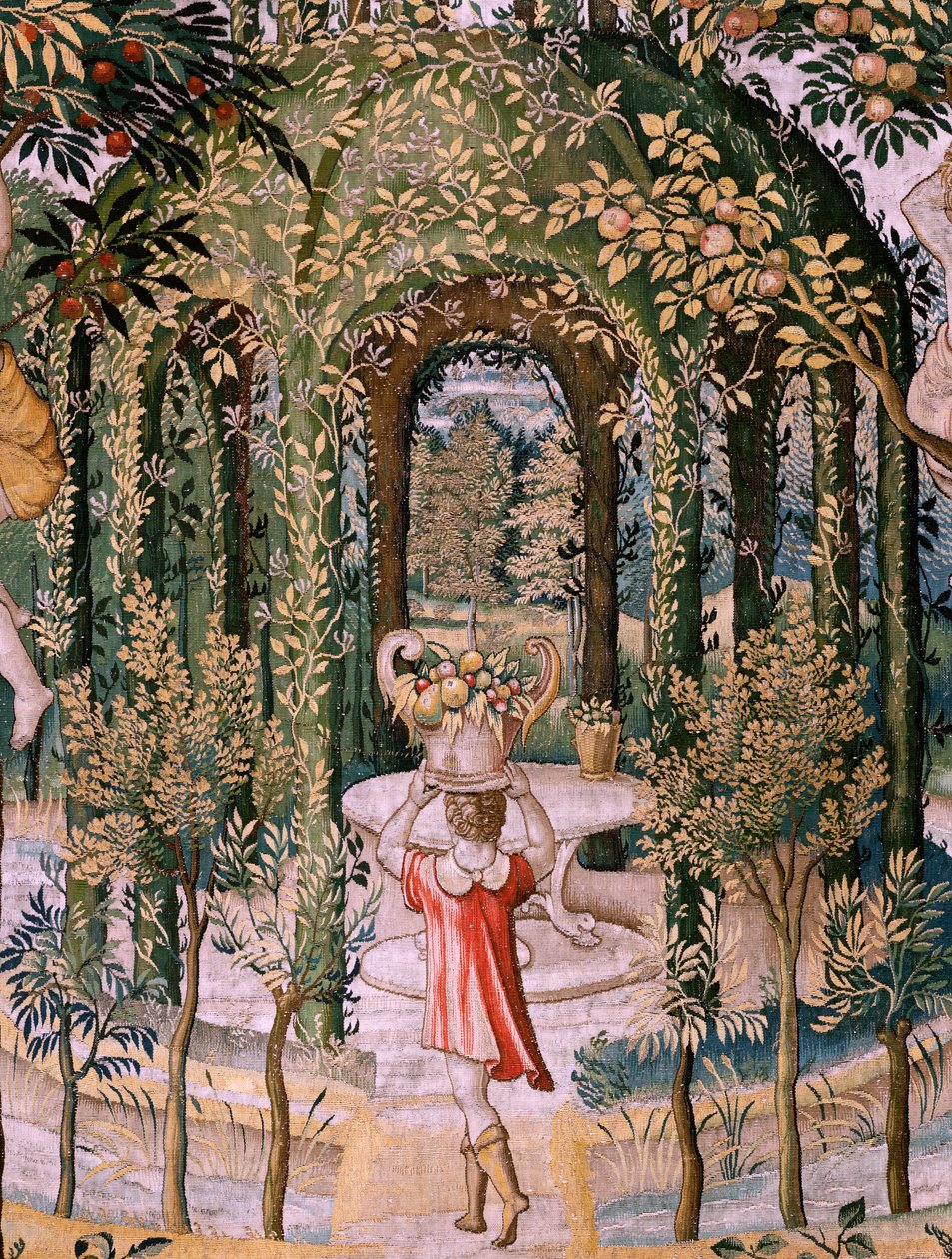 Flamand kárpit. Sorozat Vertumnus és Pomona; A Vertumnus kertészvé alakult át (Vertumno transformado en jardinero). A sorozat ötödik kárpitja. Pieter Coecke Van Aelst és Léonard Thiry modellköre. Gyártás Ismeretlen műhely, Brüsszel, befo alkotó: Pieter (circle of) Coecke van Aelst