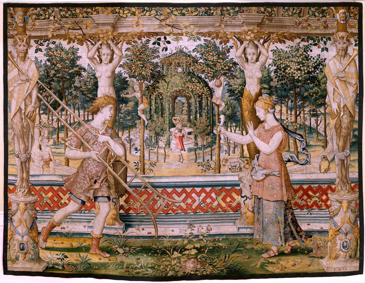 Flamand kárpit. Sorozat Vertumnus és Pomona; A Vertumnus kertészvé alakult át (Vertumno transformado en jardinero). A sorozat ötödik kárpitja. Pieter Coecke Van Aelst és Léonard Thiry modellköre. Gyártás Ismeretlen műhely, Brüsszel, befo alkotó: Pieter (circle of) Coecke van Aelst