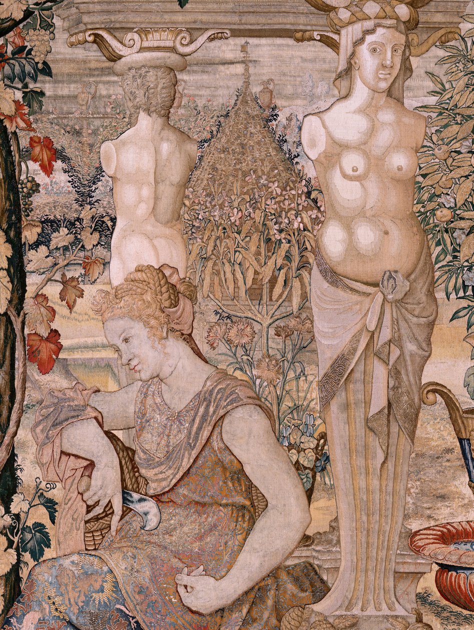 Flamand kárpit. Vertumnus és Pomona sorozat. Vertumnus idős asszonnyá változott. Vertumnus idős asszonnyá változott. A sorozat hatodik kárpitja. Pieter Coecke van Aelst modellköre. Gyártás Wilhelm Pannemaker, Brüsszel. 1545-1550 körül. alkotó: Pieter (circle of) Coecke van Aelst