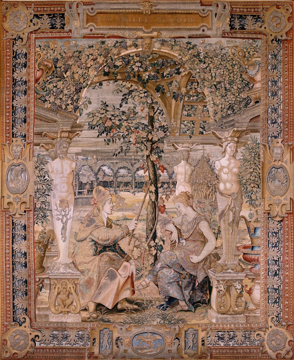 Flamand kárpit. Vertumnus és Pomona sorozat. Vertumnus idős asszonnyá változott. Vertumnus idős asszonnyá változott. A sorozat hatodik kárpitja. Pieter Coecke van Aelst modellköre. Gyártás Wilhelm Pannemaker, Brüsszel. Ca1545-1550. F alkotó: Pieter (circle of) Coecke van Aelst