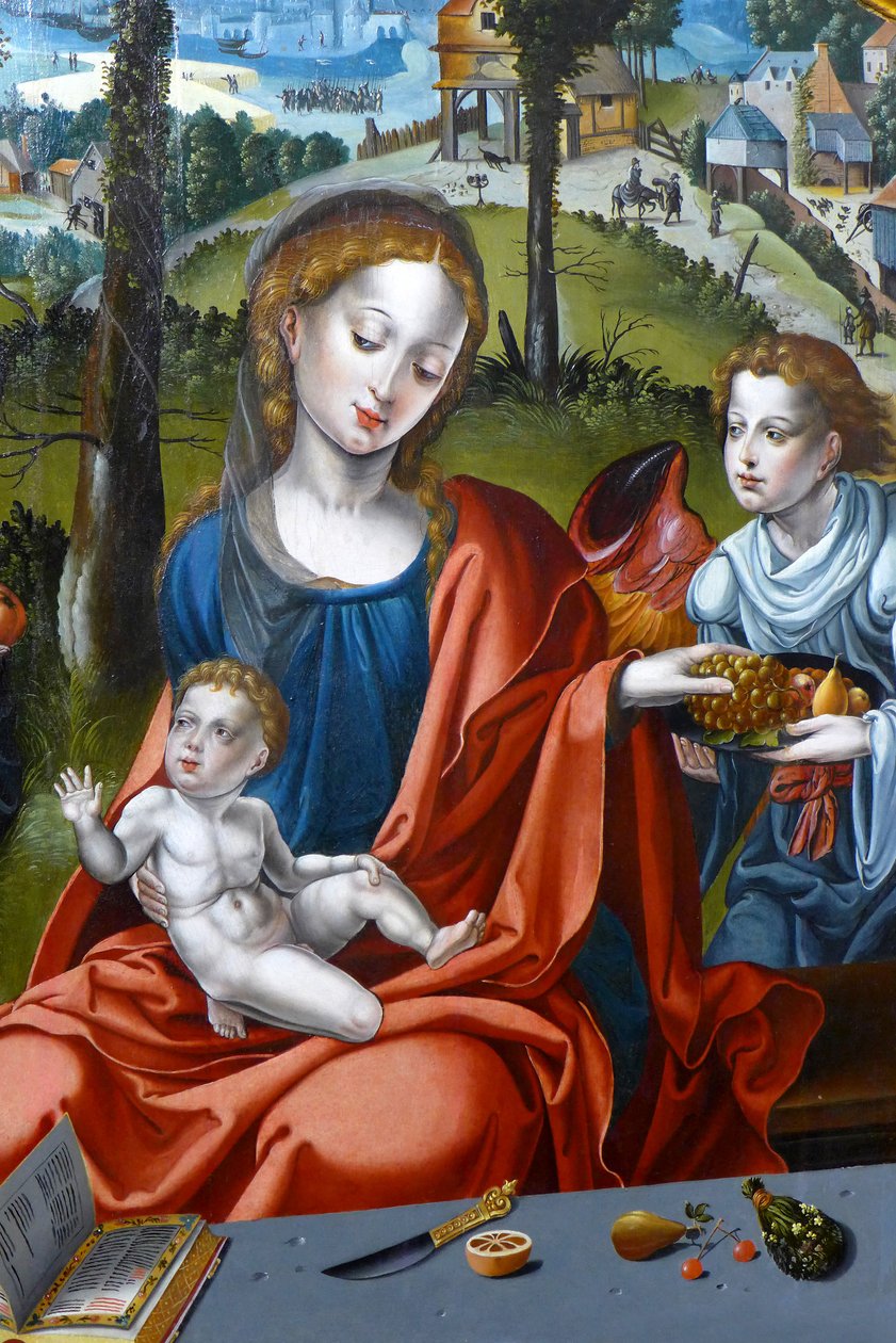Mária, a kis Jézus és egy angyal. Részlet a Szent Család triptichonjáról alkotó: Pieter (studio of) Coecke van Aelst