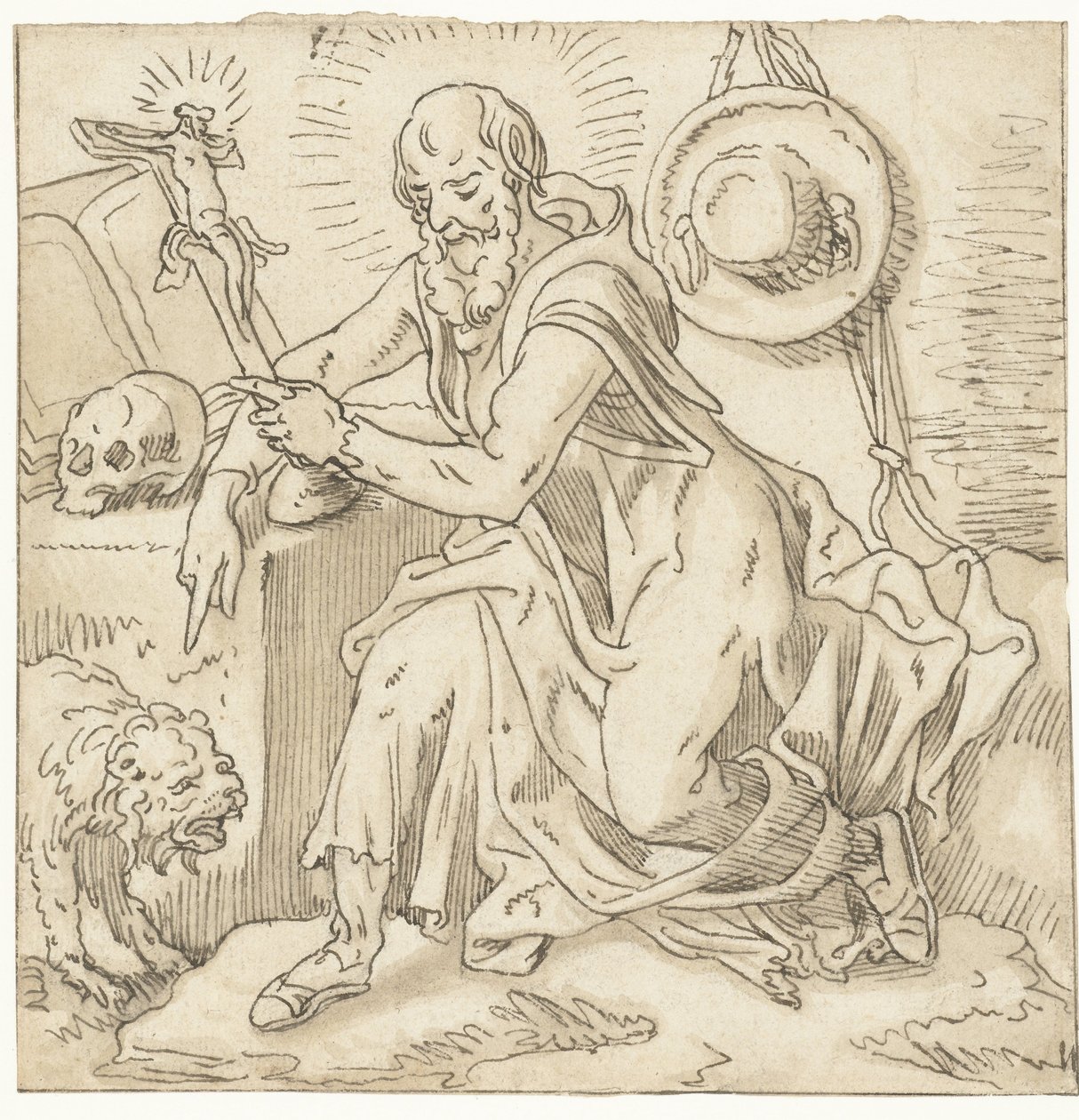 Szent Jeromos egy feszület, könyv és koponya mellett ül alkotó: Pieter Aertsen (workshop of)