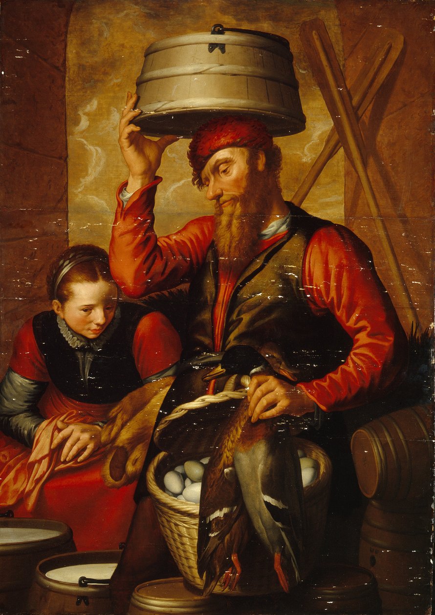 A baromfi eladó (tyúkárusító). Pár hagyományos öltözetű paraszt, előkészíti a tojásos kosarát és áruit a piacra. Pieter Aertsen (1508-1575) festménye, olaj, fa alkotó: Pieter Aertsen
