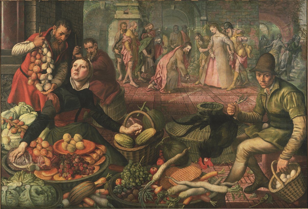 Sétáló jelenet és Krisztus a házasságtörőnővel – Krisztus és a házasságtörésen elfogott nő, Aertsen, Pieter dit Lange Pier alkotó: Pieter Aertsen