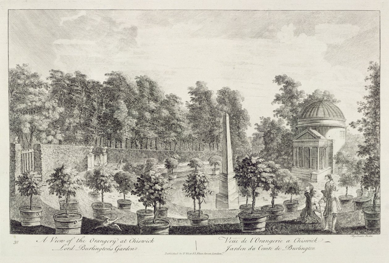 Kilátás az Orangery-re, Lord Burlington kertjére Chiswickben alkotó: Pieter Andreas Rysbrack