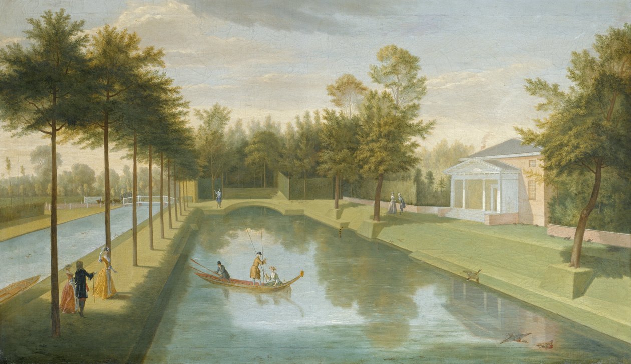 Kilátás a templomra a víz mellett, a medencével és a hosszú csatornával, Chiswick Villa (olaj, vászon) alkotó: Pieter Andreas Rysbrack