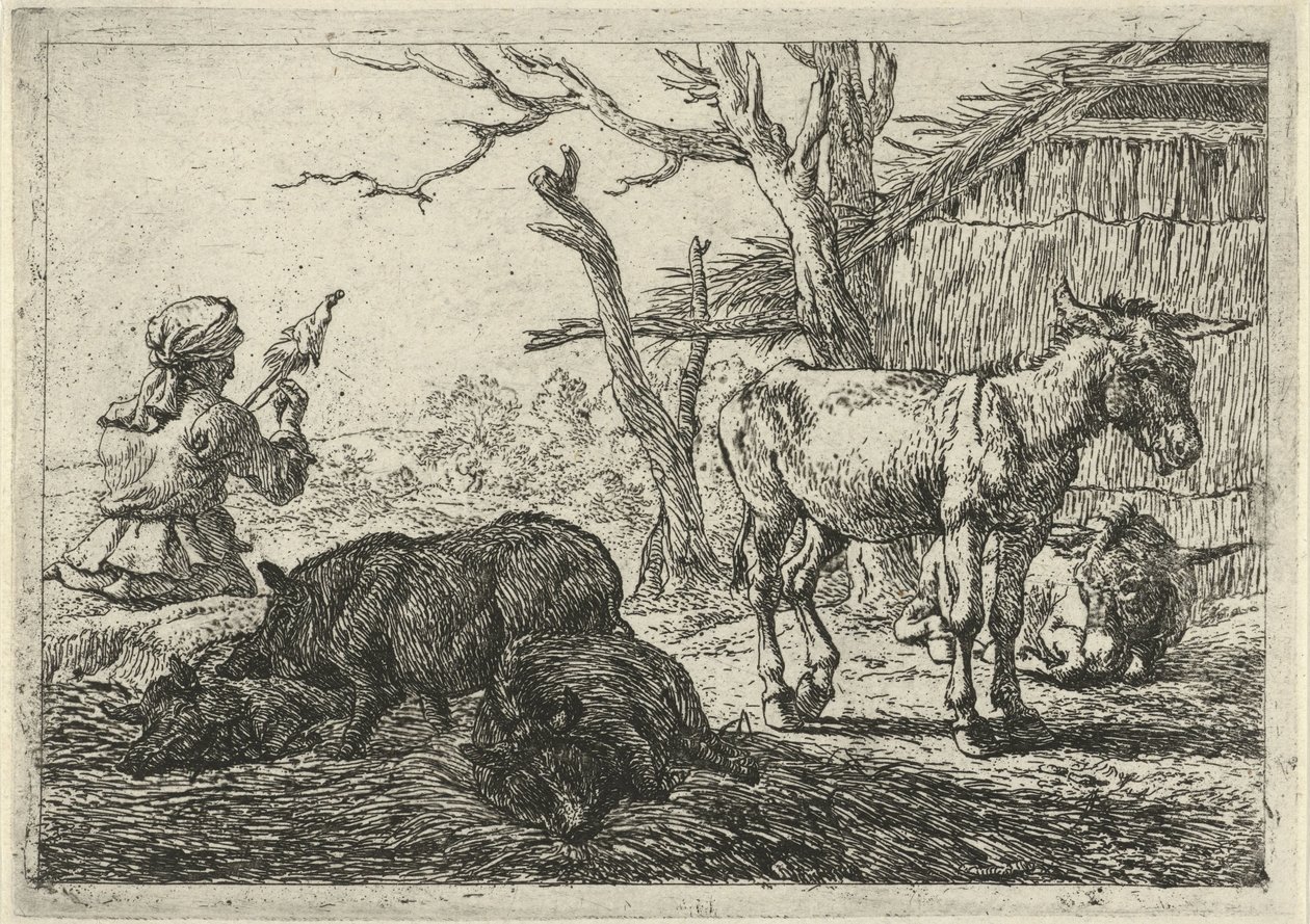 Pörgő nő, sertés és szamarak Különböző állatok (sorozat címe) alkotó: Pieter Bodding van Laer