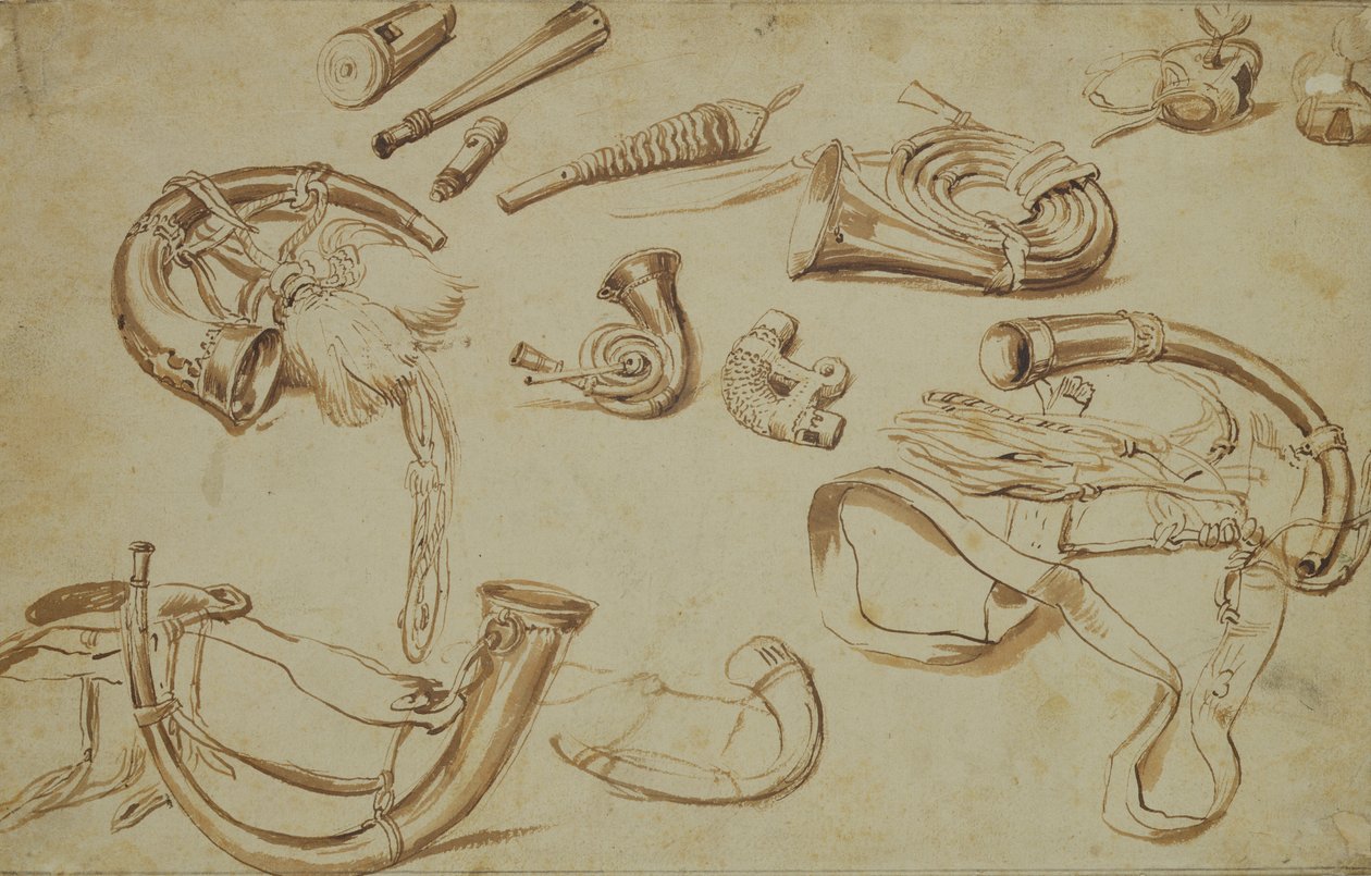 Vadászati kellékek (ceruza, toll és tinta papíron) alkotó: Pieter Bruegel the Elder