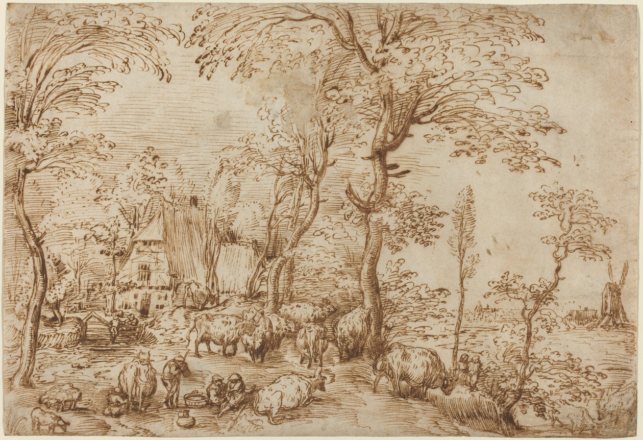 Peasants and Cattle near a Farmhouse   1227221   hu       hungarian Successfully Translated  Original: La femme de Potiphar (Putiphar) montre le vetement de Joseph (Potiphars Wife Displays Josephs Garment) - Oil on wood (26x36 cm), by Lucas van Leyden (148 alkotó: Pieter Bruegel the Elder