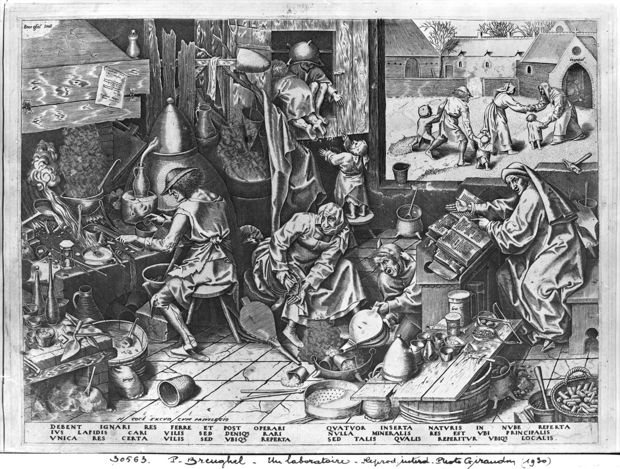 Az alkimista munka közben, Hieronymus Cock (1510-70 körül) metszete. alkotó: Pieter Bruegel the Elder