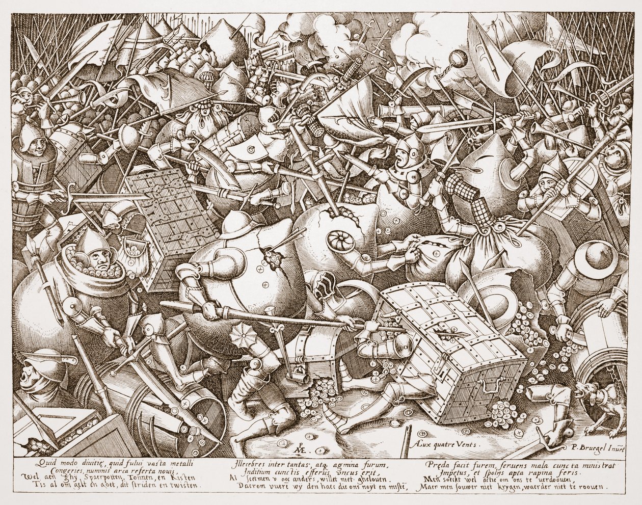 A pénzről szóló csata, Pieter van der Heyden vésette, 1570 után alkotó: Pieter Bruegel the Elder