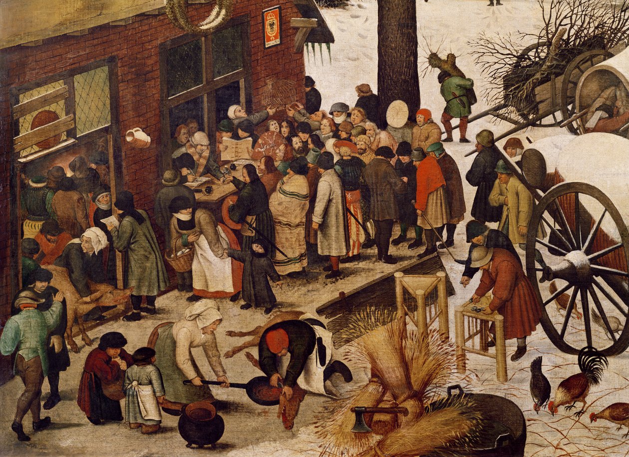A betlehemi népszámlálás, a népszámlálási hivatal részlete alkotó: Pieter Bruegel the Elder