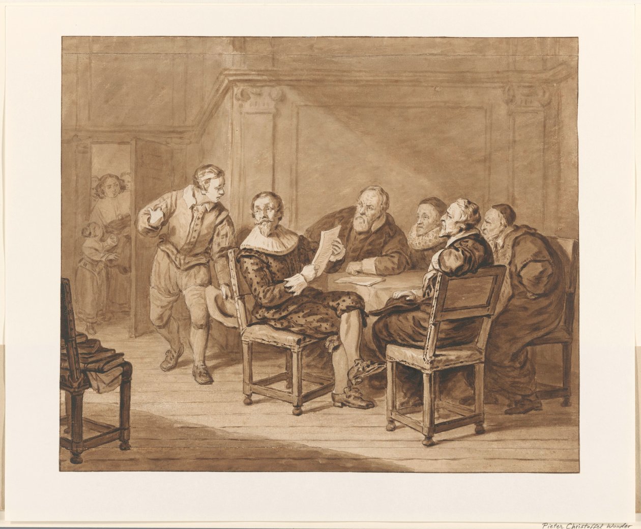 Hugo de Groot üzenetet kap, hogy a felesége megérkezett alkotó: Pieter Christoffel Wonder (signed by artist)