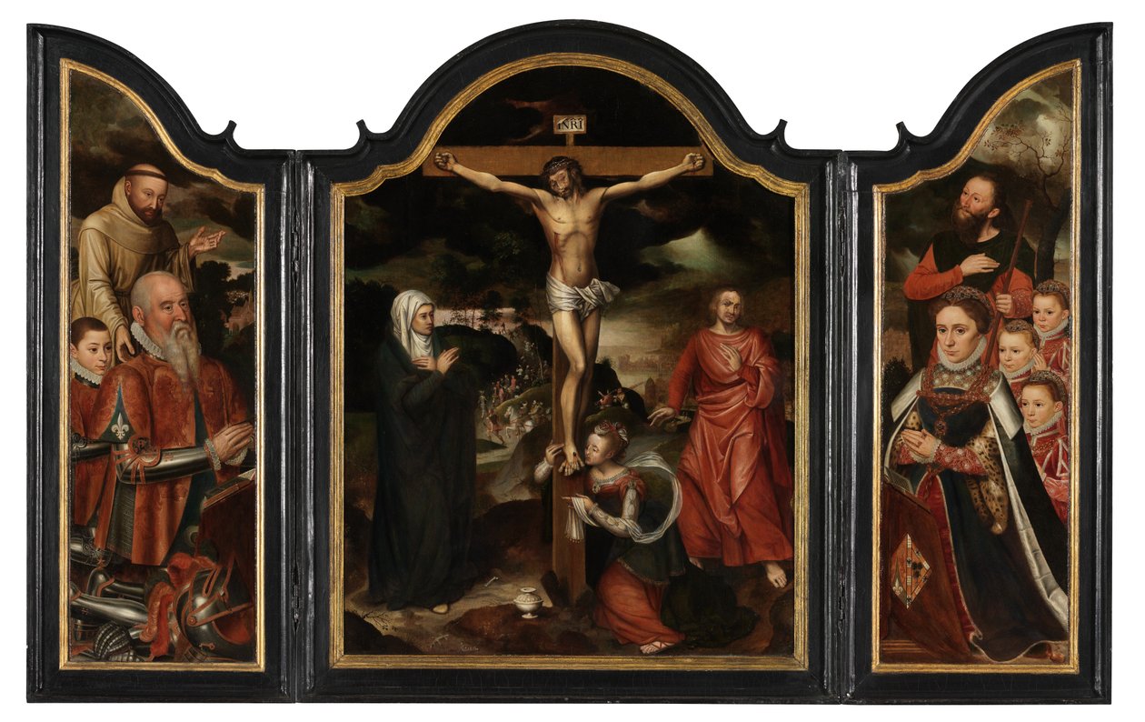 Krisztus a kereszten a Szűzanyával, Szent Jánossal és Mária Magdolnával (olaj, tábla) alkotó: Pieter Claeissens