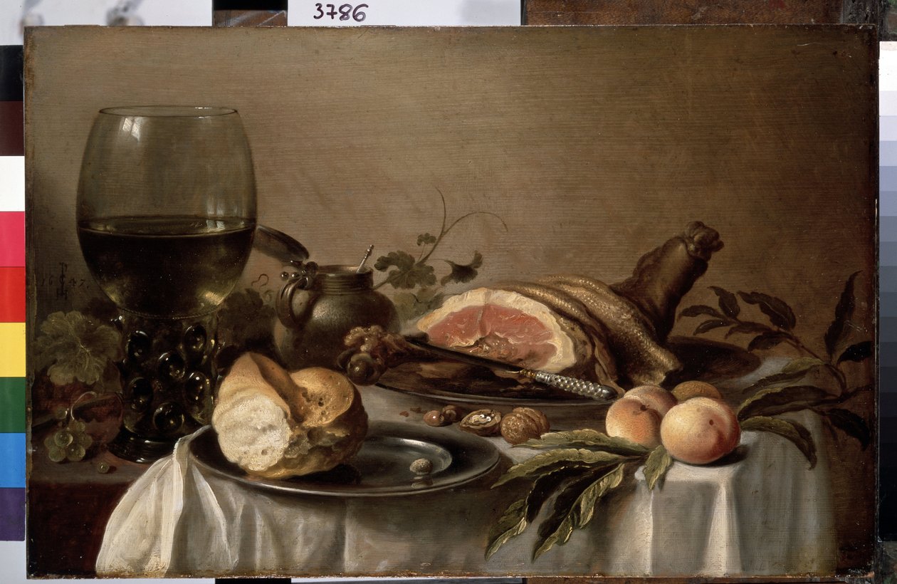 ""Reggeli csendélet sonkával, kenyérrel, őszibarackkal és dióval"" (Reggeli sonkával) Pieter Claesz festménye (kb. 1597-1660) 1647 Méret: 40x61 cm Szentpétervár, Remete Múzeum alkotó: Pieter Claesz